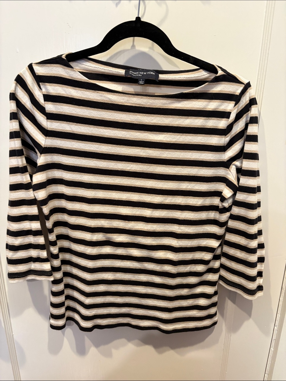 Jones New York Black & Cream Striped Boatneck 3/4 Sleeve Top BN533